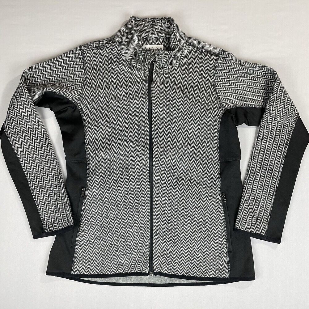 Marc NY Andrew Herringbone Jacket Women's L Grey Black Full Zip Fleece Academia